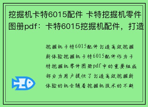 挖掘机卡特6015配件 卡特挖掘机零件图册pdf：卡特6015挖掘机配件，打造高效挖掘新体验