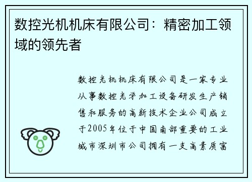 数控光机机床有限公司：精密加工领域的领先者